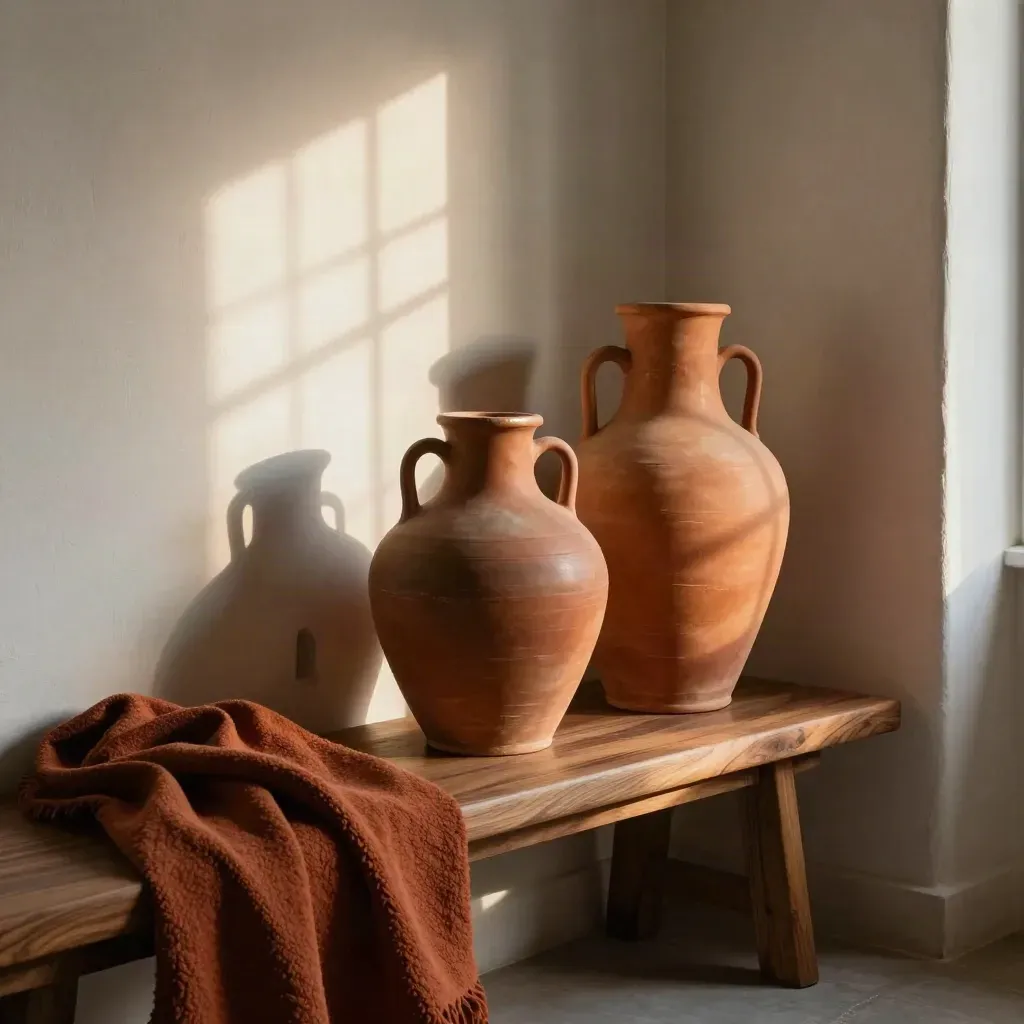 Esquina de salón soleada con vasijas de terracota, banco de madera y manta rústica, con sombra en rejilla.
