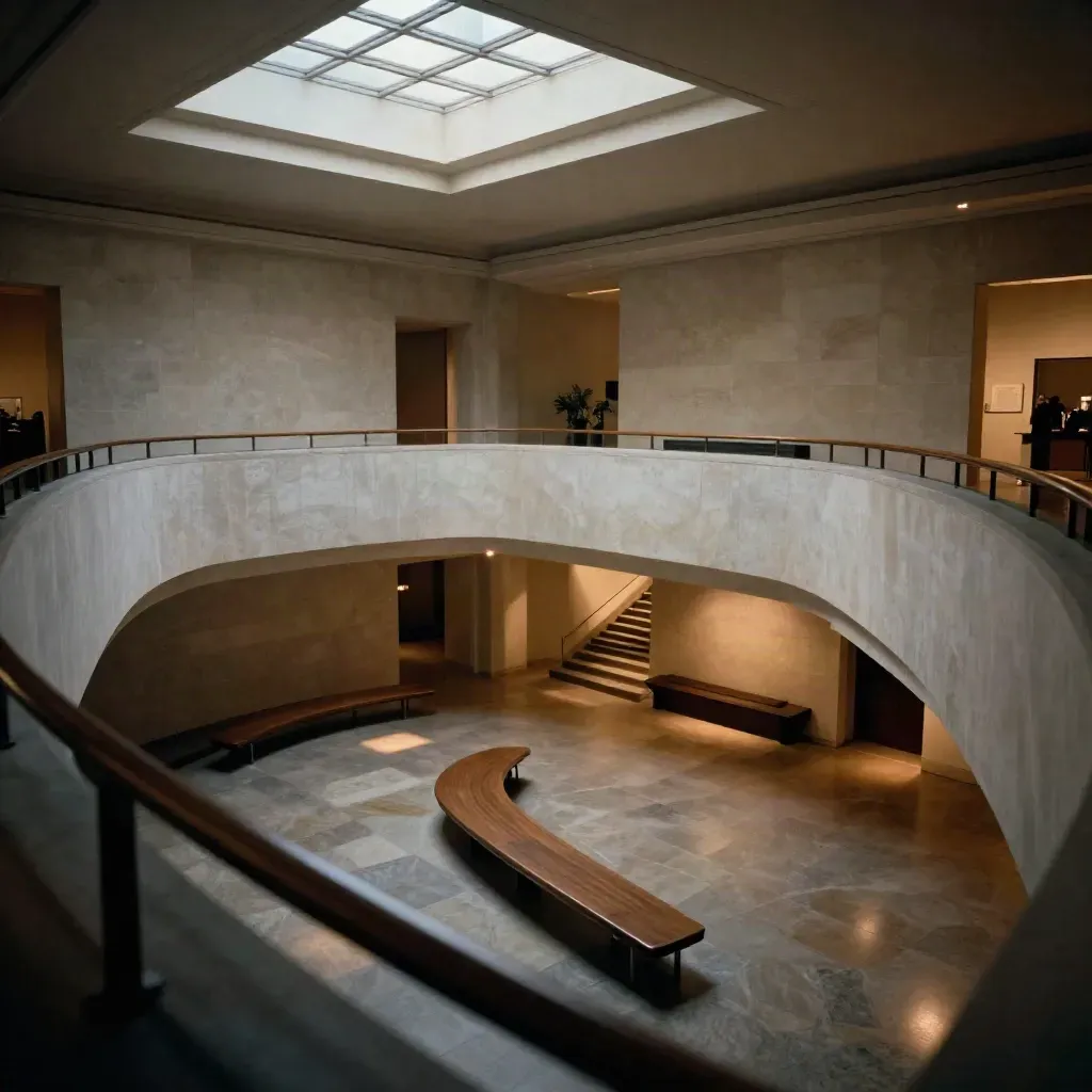Atrio de museo vacío con bancos, tragaluz y escalera suave visto desde un balcón