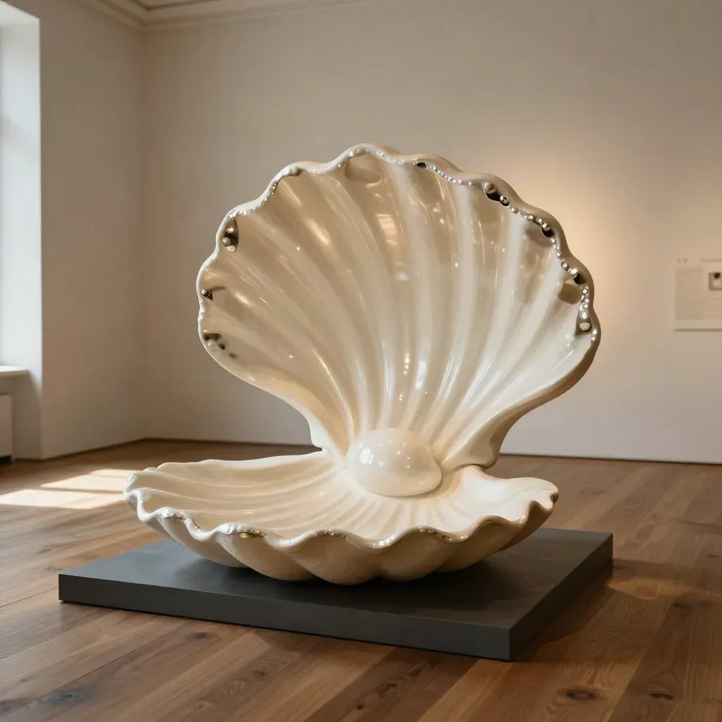 Sala de galería con formas de concha surrealistas, pedestal carbón y luz suave de tarde.